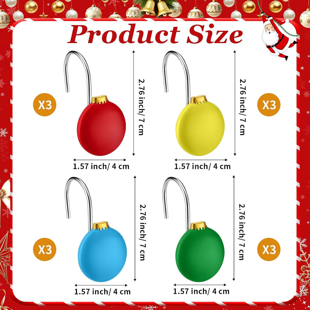 Thyle 12 Pcs Christmas Ball Shower Curtain Hooks, Christmas Ball Ornament Decorative Rings Xmas Shower Curtain Hooks Holiday Decorative for Bathroom Accessories