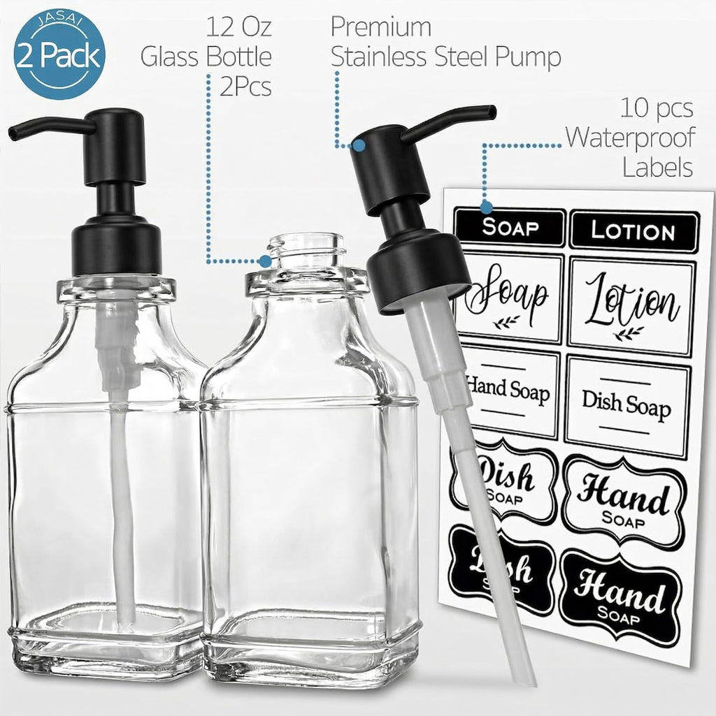 JASAI 2Pack Hand & Dish Glass Soap Dispenser with Black Rust Proof Pump