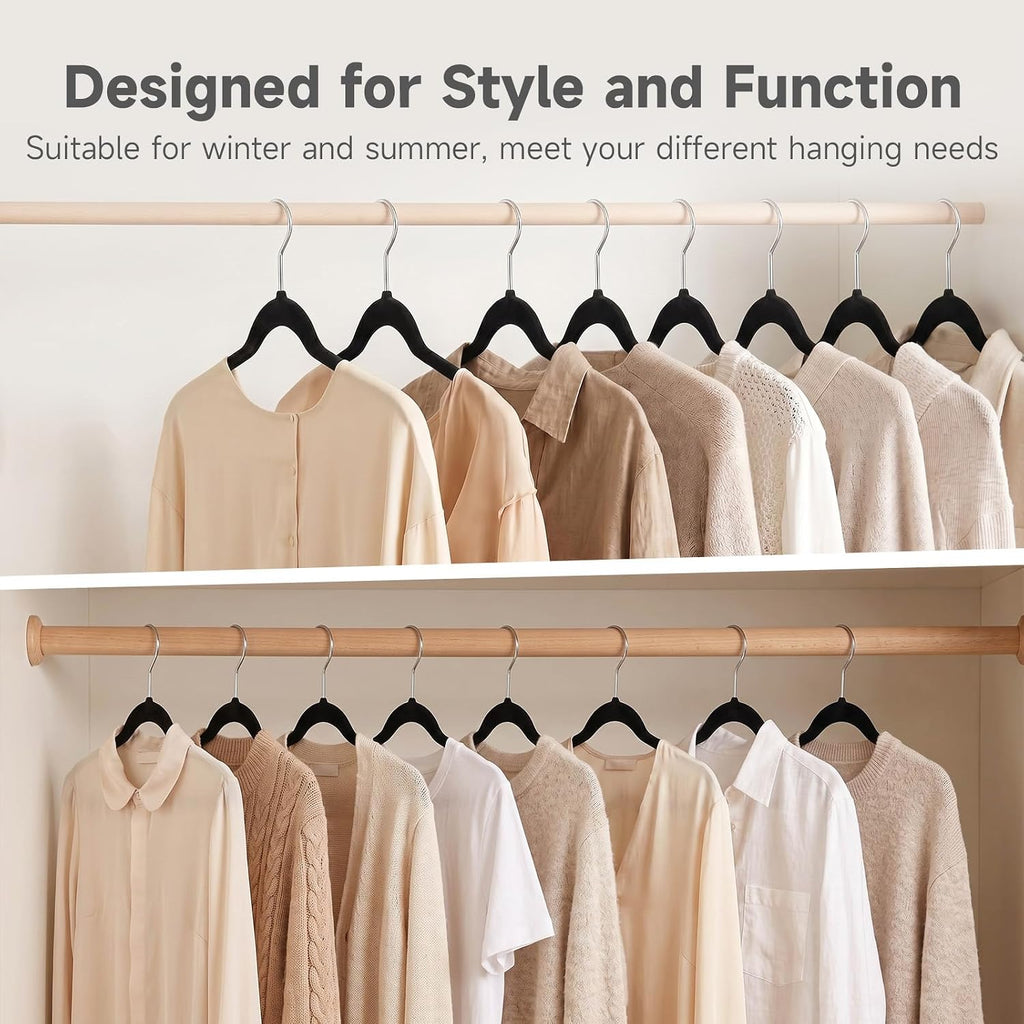 Whitmor Spacemaker Velvet Clothes Hangers, Non-Slip Flocked Dress & Shirt Hangers with Contoured Shoulders, Slim Space Saving Closet Hangers with Chrome Hook, Black, 10 Pack