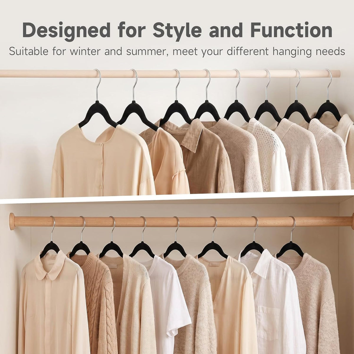 Whitmor Spacemaker Velvet Clothes Hangers, Non-Slip Flocked Dress & Shirt Hangers with Contoured Shoulders, Slim Space Saving Closet Hangers with Chrome Hook, Black, 10 Pack