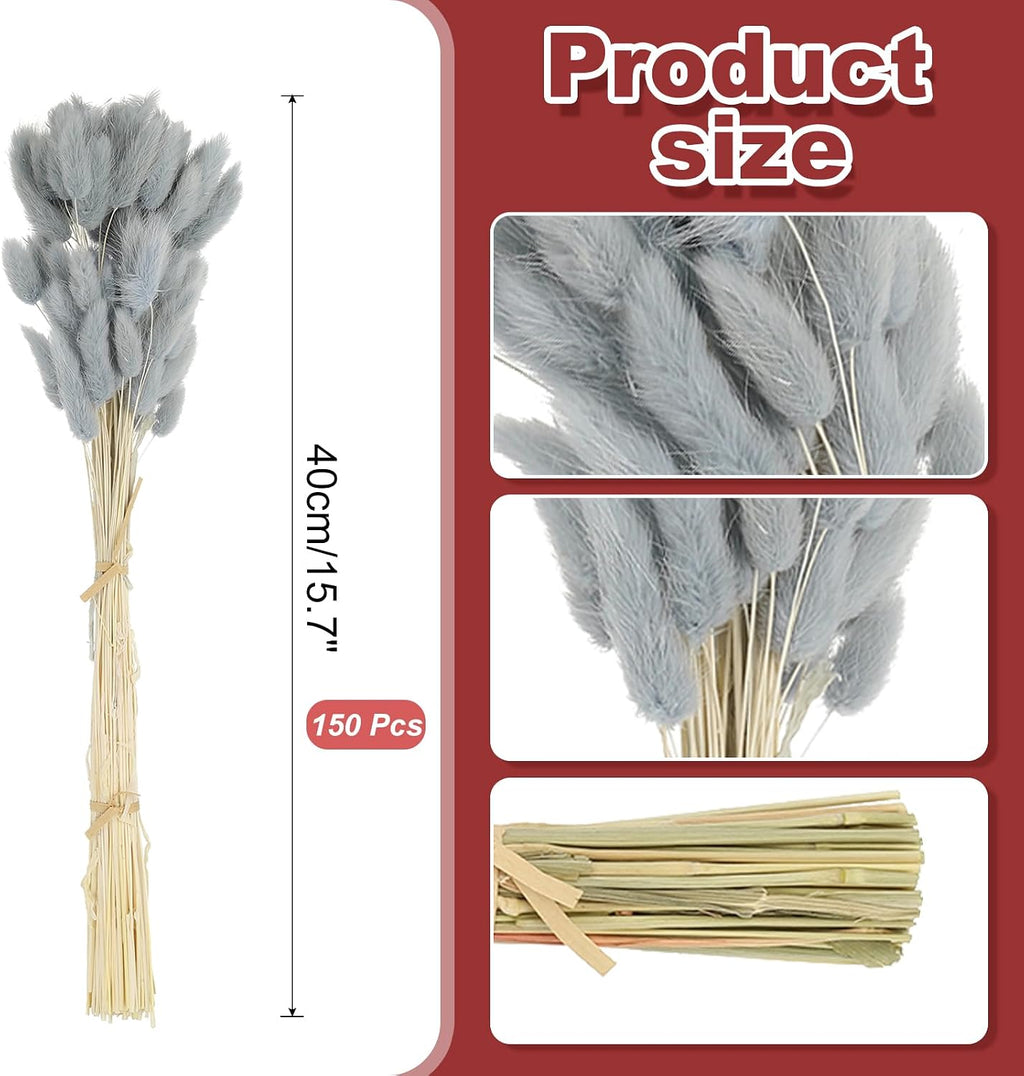 PATIKIL 15.7in Bunny Tails Dried Flowers, 150pcs Pampas Grass Decor Rabbit Tail Natural Pampas Grass Bulk Fluffy Faux Pampas Grass Dried for Home Boho Decor Vase Wedding, Gray Blue
