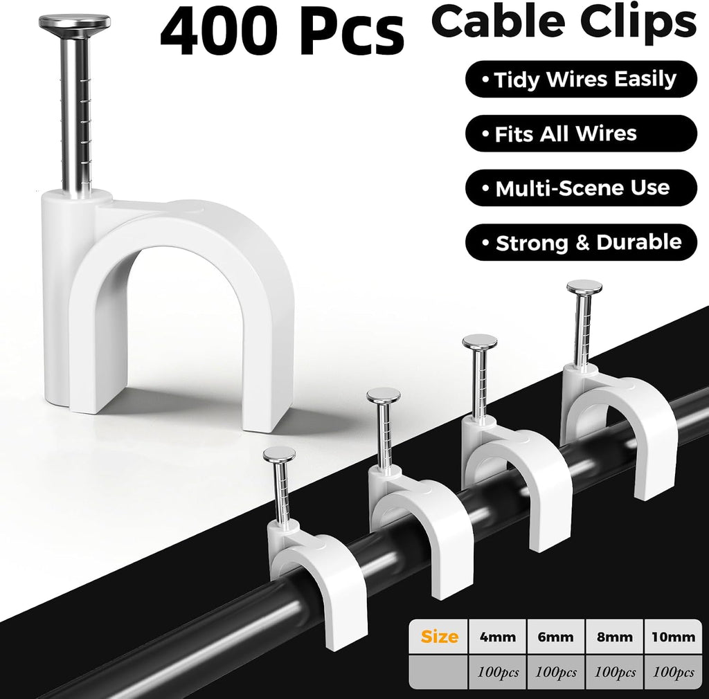 400 Pcs Cable Clips Nail in, Cord Clips Ethernet Cables 4/6/8/10mm White