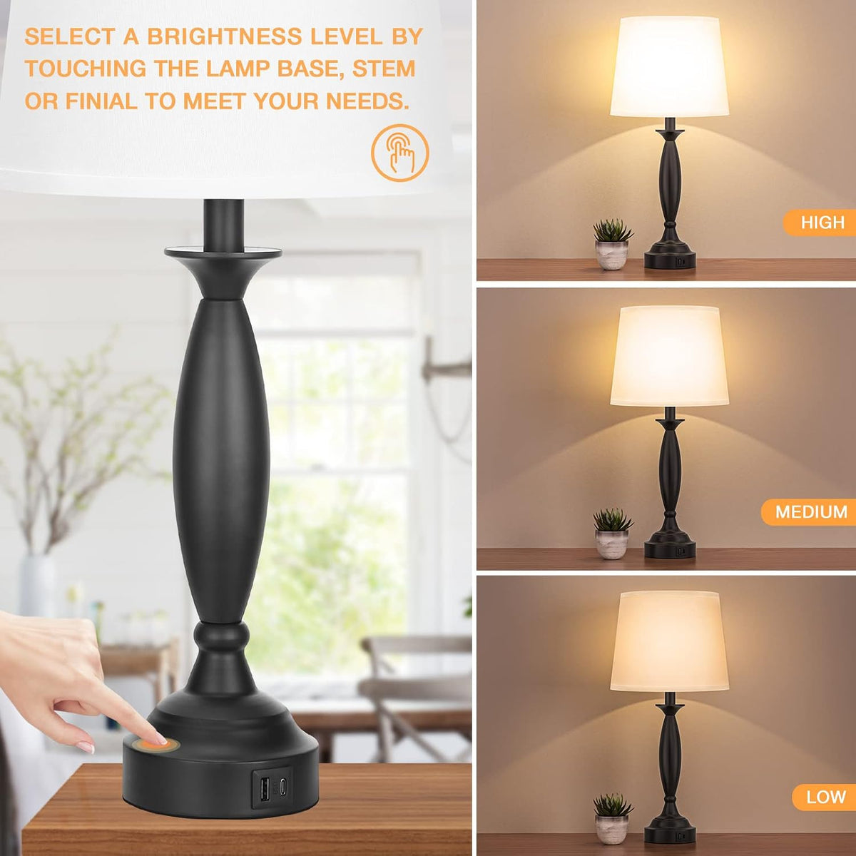 Seealle Bedroom Lamps for Nightstand, Black Bedside Lamps with USB