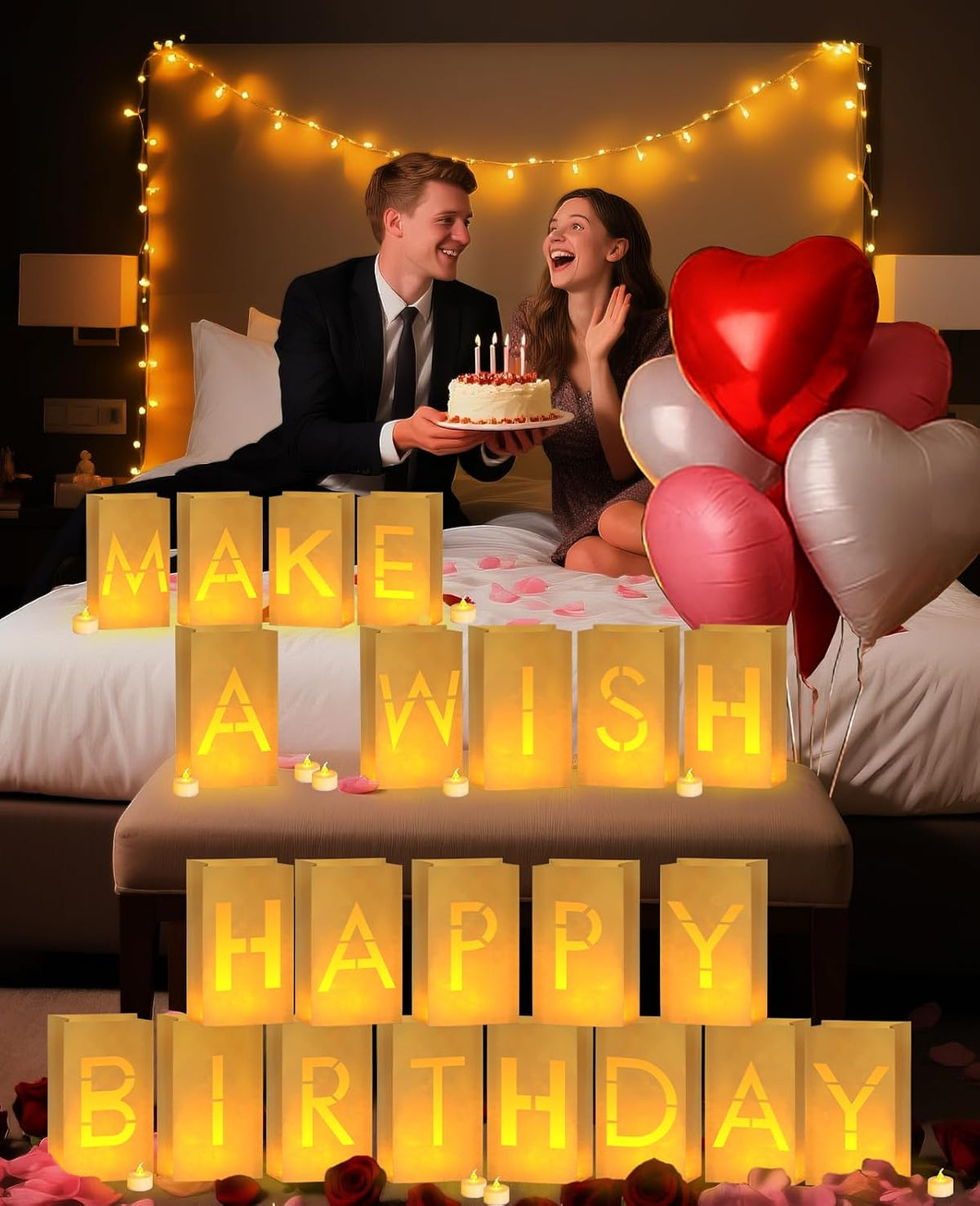 AceList Light Up Letters Luminary Bags Rose Petals and Candles Set Romantic Decorations Special Night for Anniversary, Proposal, Valentine’S Day Decorations