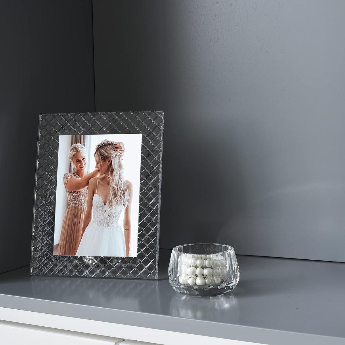 kitCom 5x7Inch Crystal Wedding Frame of Keepsake Photo Frames, Crystal Picture Frames with Embossed Design, Tabletop Display Decor Frame(Fit 5x7 Max Photos), Clear with Gift Box