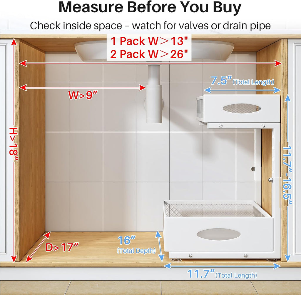 Under Sink Organizer, 2 Pack 2 Tier Pull Out Under Cabinet Organizer Shelf with Pad for Framed Cabinets, Metal Slide Out Under Sink Storage, Mesh Sliding Drawers for Kitchen Bathroom Laundry, White