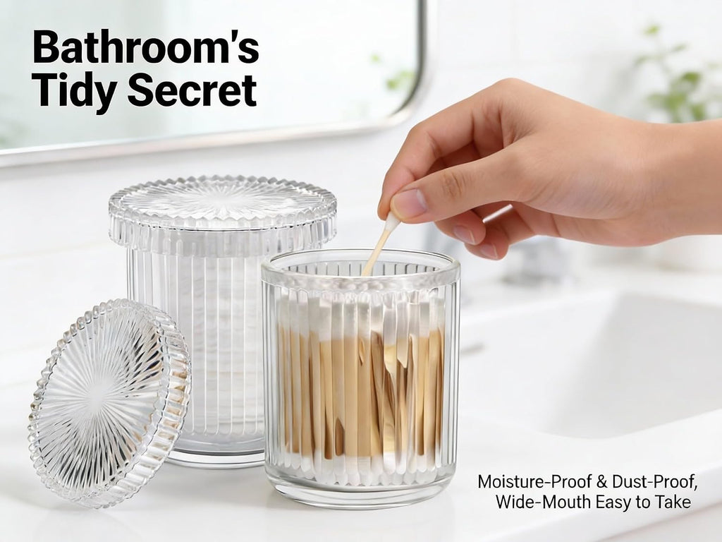 2‑Pack Clear Ribbed Glass Qtip Holder, Vanity & Bathroom Makeup Storage
