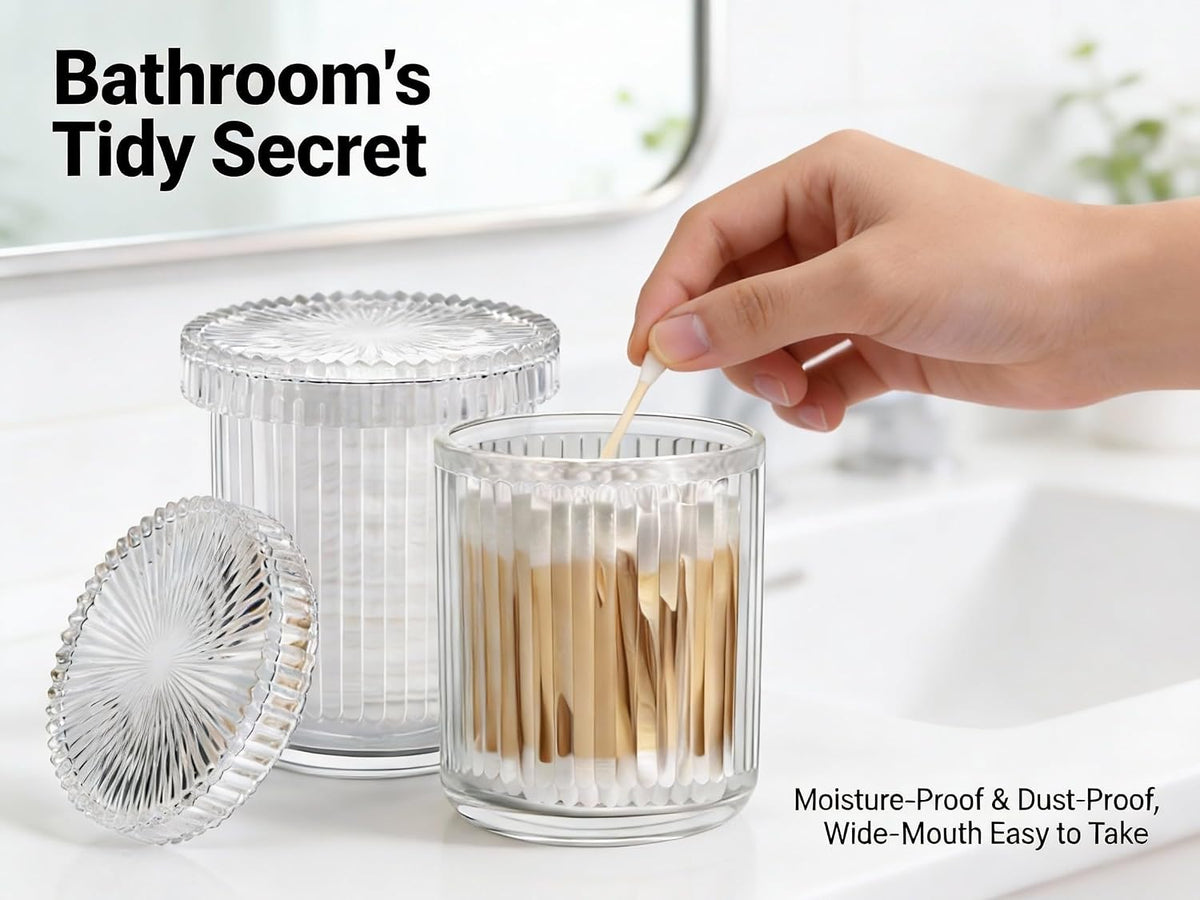 2‑Pack Clear Ribbed Glass Qtip Holder, Vanity & Bathroom Makeup Storage