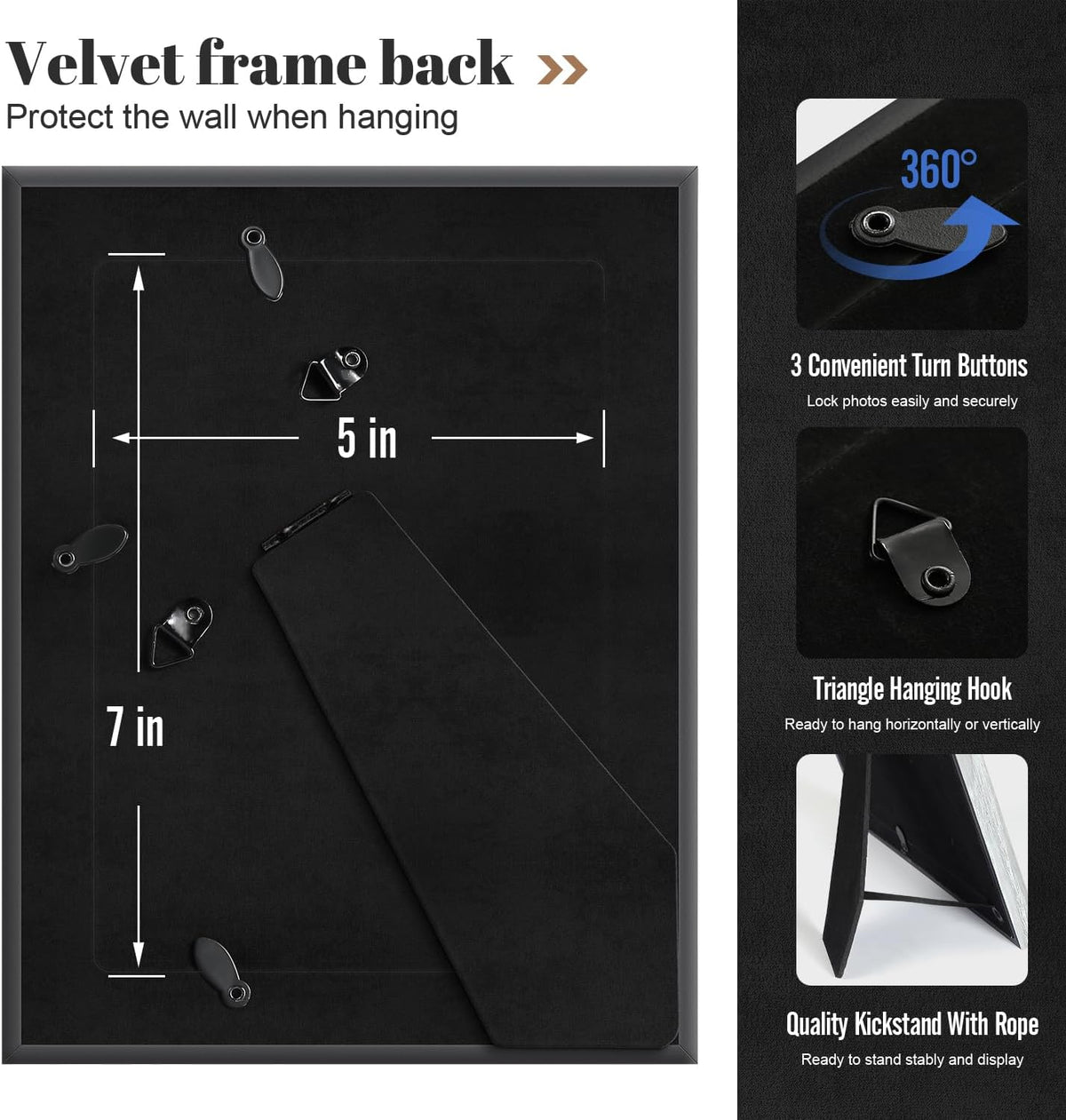 Black 5x7 Picture Frames, Set of 4, Vintage Style, with Gold Trim