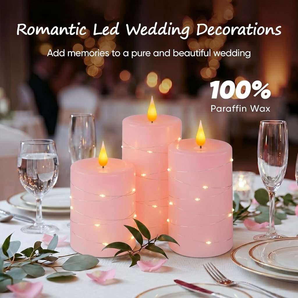 Amagic Real Wax Flameless Candles with Embedded String Lights Set of 3 Pink