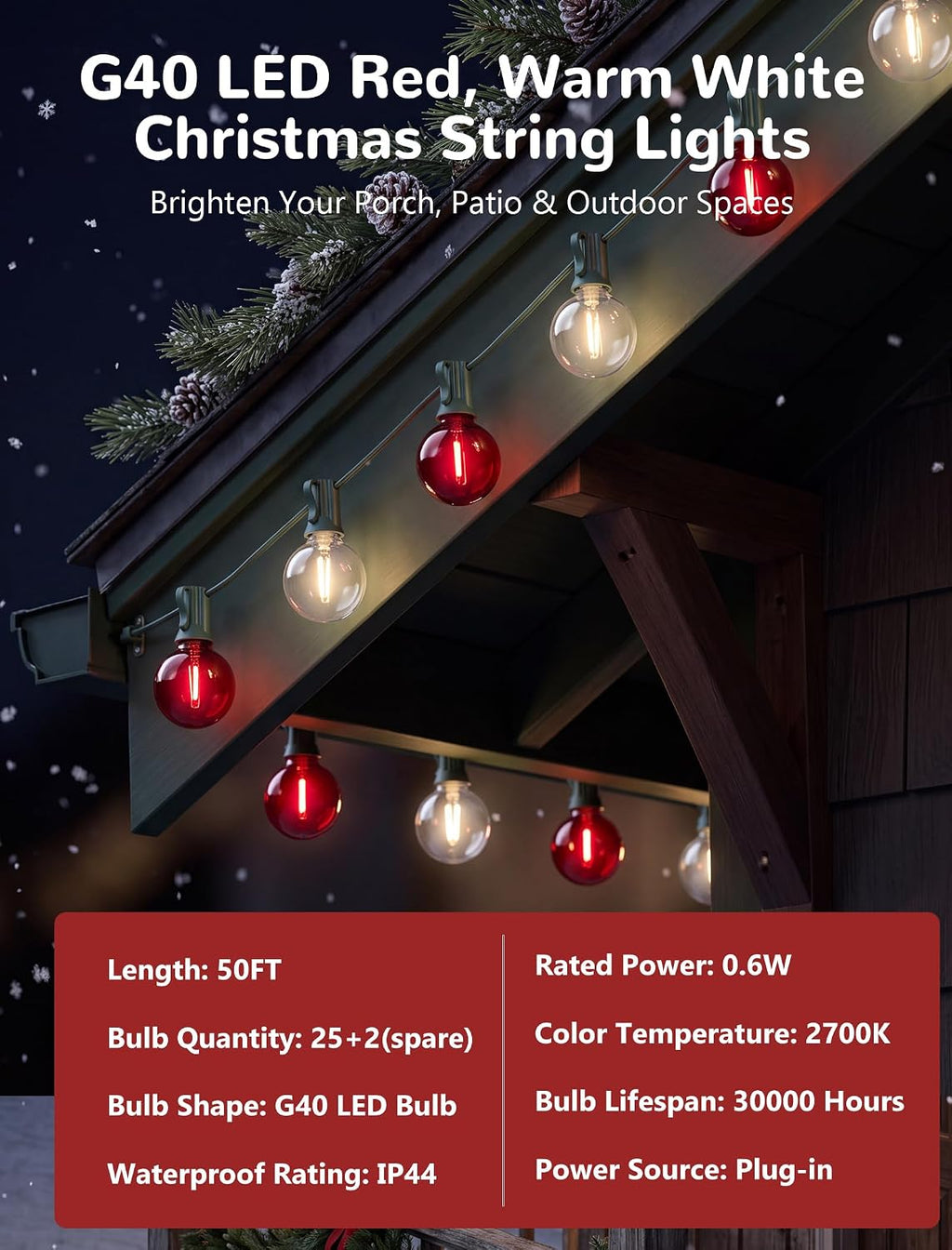 50FT LED G40 Red and White Christmas String Lights Outdoor, 27 Globe Bulbs