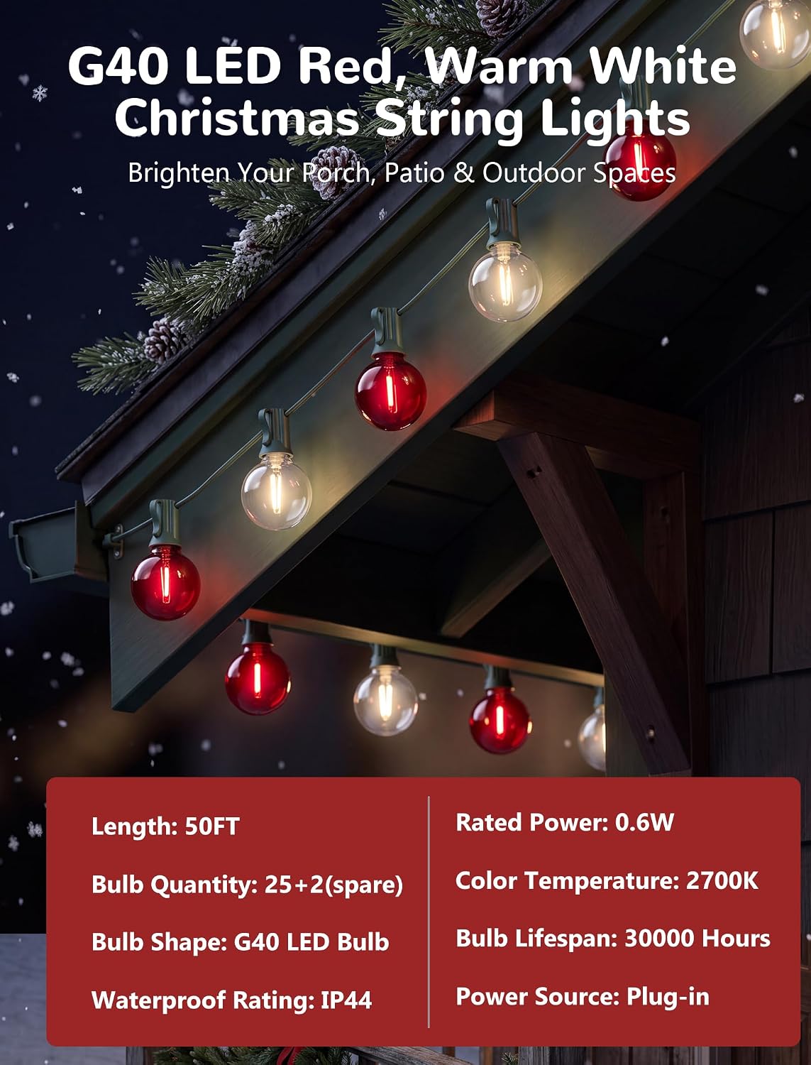 50FT LED G40 Red and White Christmas String Lights Outdoor, 27 Globe Bulbs