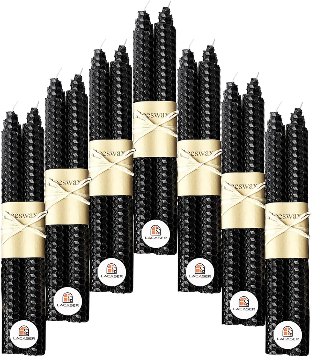 Lacaser Beeswax Black Taper Candles Set of 14 pcs, 9" Long Black Candlesticks, Smokeless & Unscented, Burning Time 4 Hours