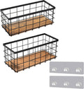 TIEYIPIN Black Metal Wire Storage Baskets with Wood Bottoms, Bathroom Storage Organizer Basket Bins, Set of 2 - Includes 2 Bonus Adhesive Hooks for Easy Wall Mounting