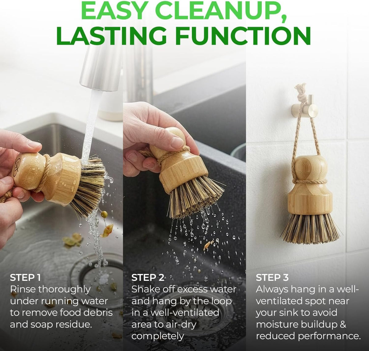 AIRNEX Bamboo Dish Brush Set of 2 - Natural Wooden Dish Scrubber with Sisal & Coconut Bristles - Plastic Free Kitchen Scrub Brush for Dishes, Sink, Pots & Pans - Non Scratch Kitchen Dish Brush