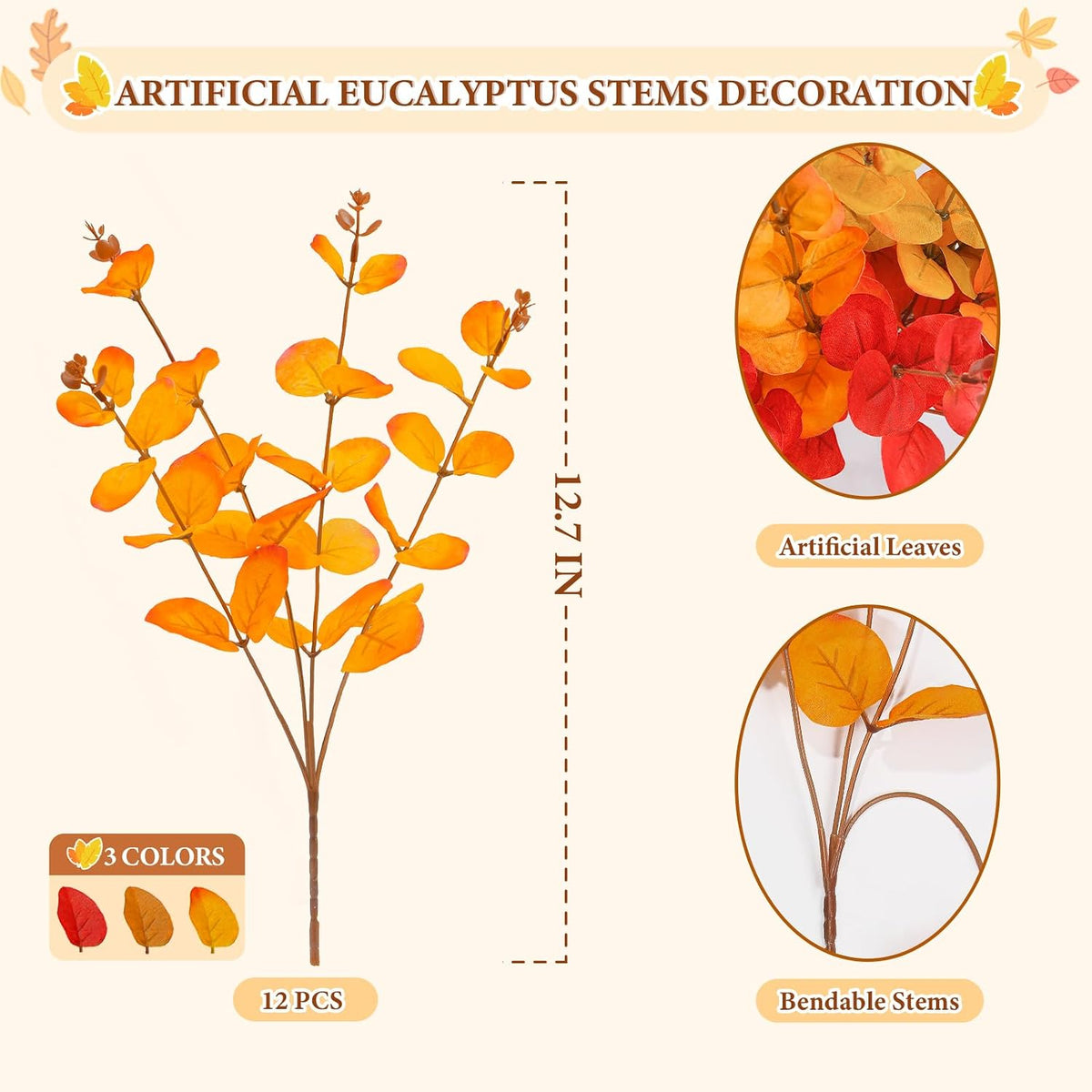 MEILIDY Artificial Eucalyptus Stems, Faux Foliage Branches, Orange, 12 Pcs