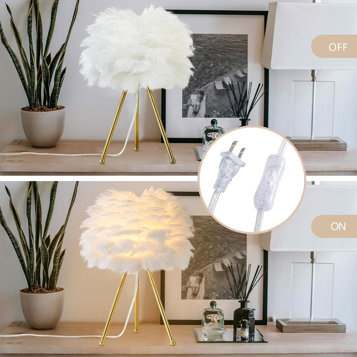 Capslpad Feather Tripod Table Lamp - 15.3" Modern White Bedside/Desk Lamp with Gold Finish for Living Room, Nursery, Kids, Bedroom, Girls Room Decor