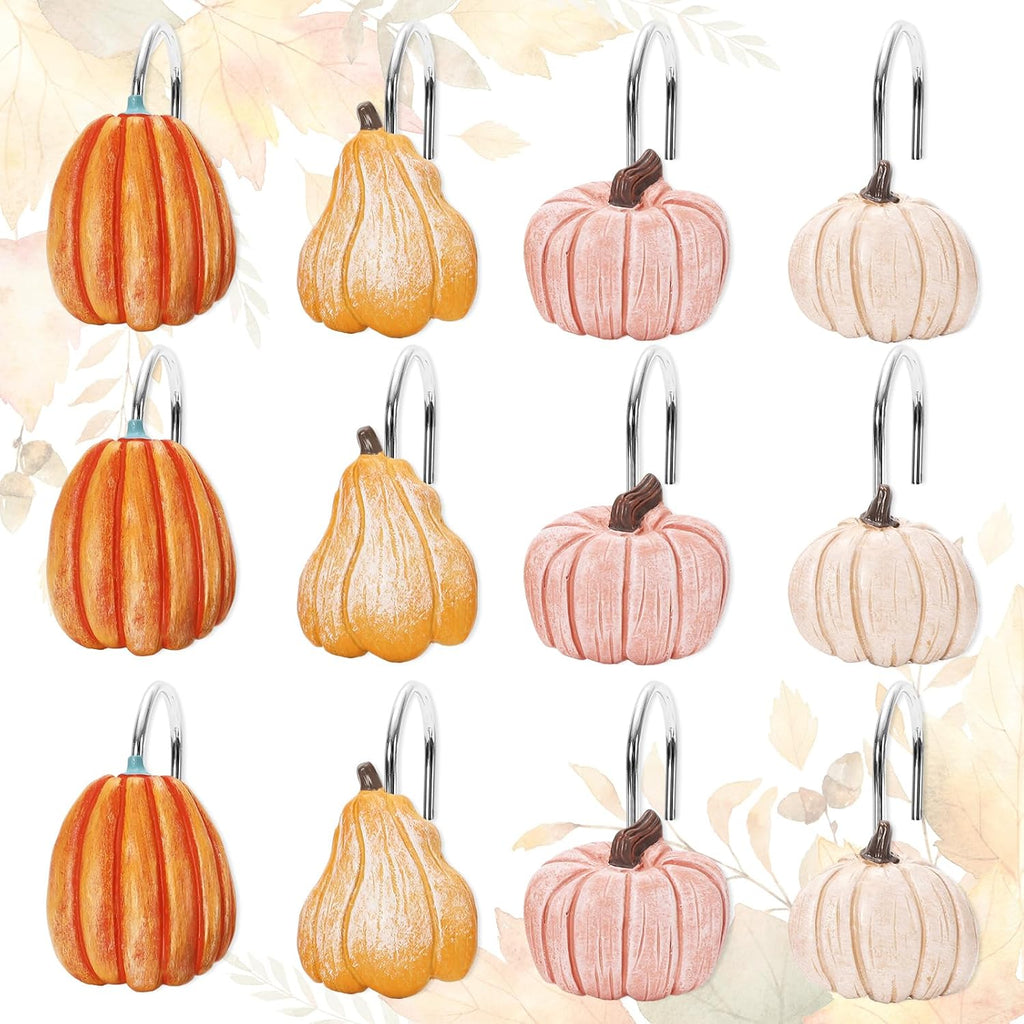 JarThenaAMCS 12 Pcs Fall Shower Curtain Hooks 4 Designs Pumpkin Curtain Rings Autumn Thanksgiving Decorative Hanger Hooks for Bedroom Bathroom Decor