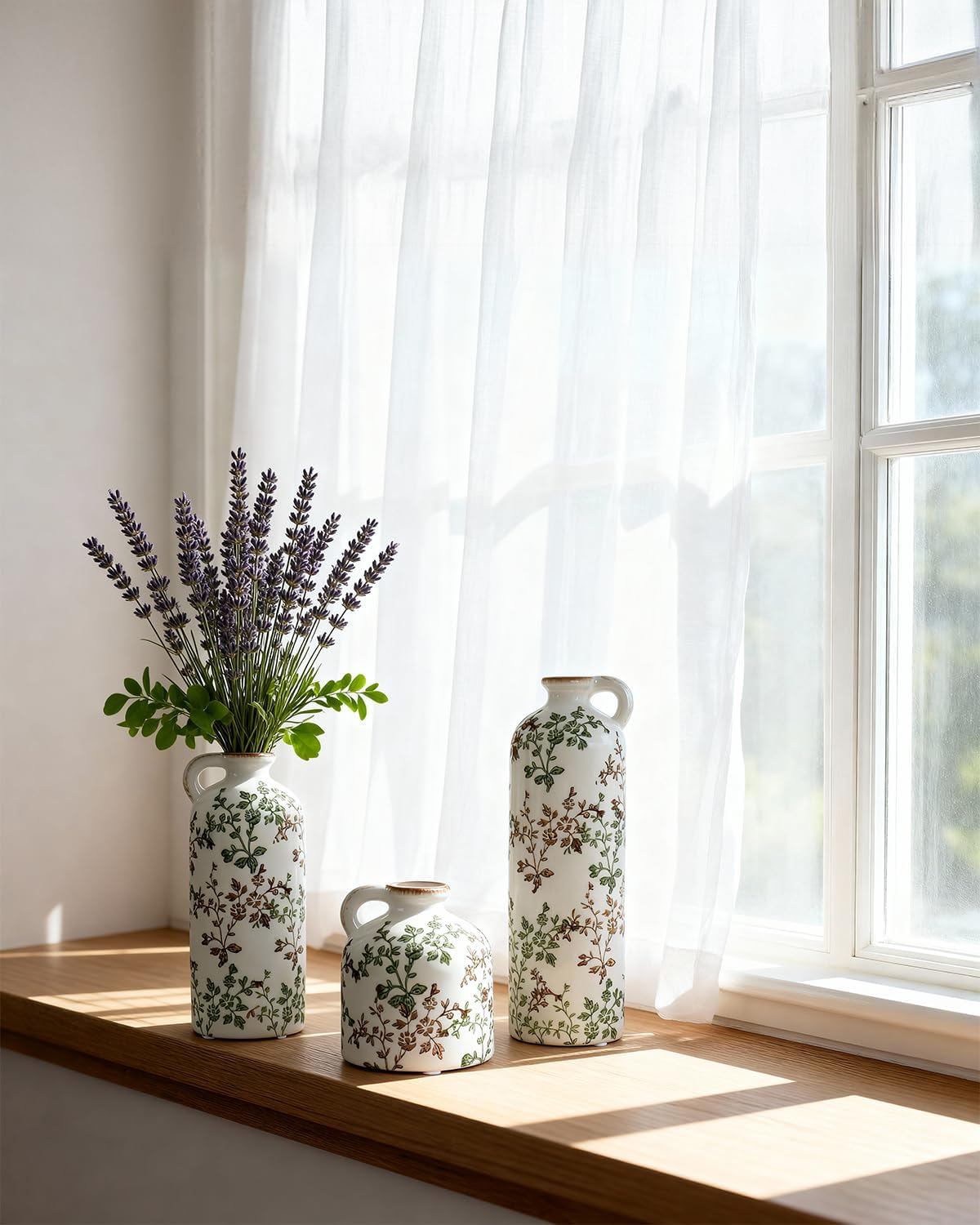Green Floral Vase Set of 3 with Handles, Vintage Ceramic Jugs for Decor