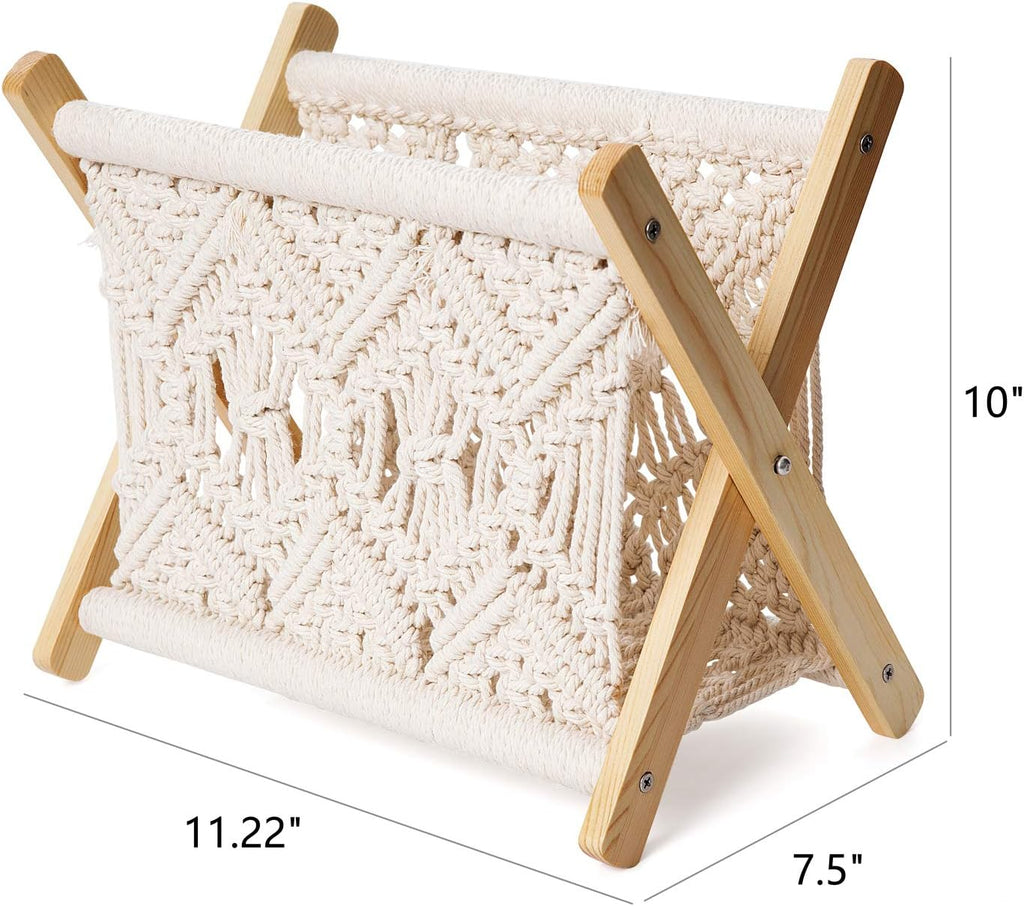 Mkono Macrame Magazine Holder, Boho Woven Book Rack Basket, 11.2"L x 7.5"W