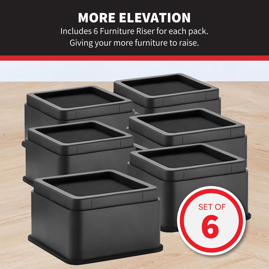 iPrimio Bed Risers 2" Lift, Heavy Duty for Dorm, Square, Black, 6 Pack