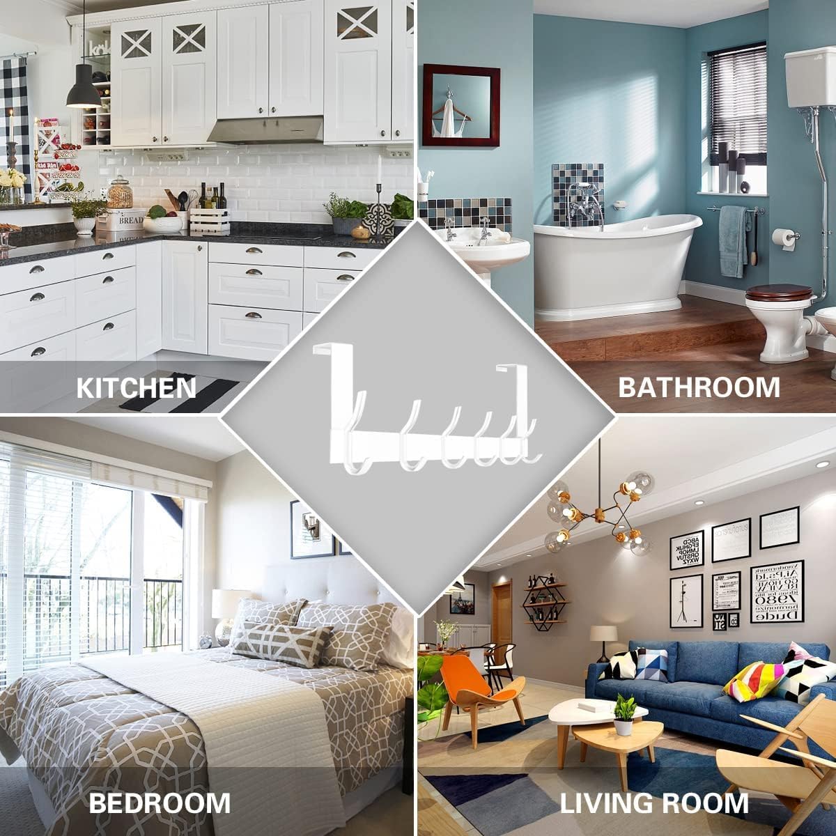 Over the Door 6 Hooks Hanger, White Door Hook for Hanging, Clothes Hooks for Bathroom, Hook Rail