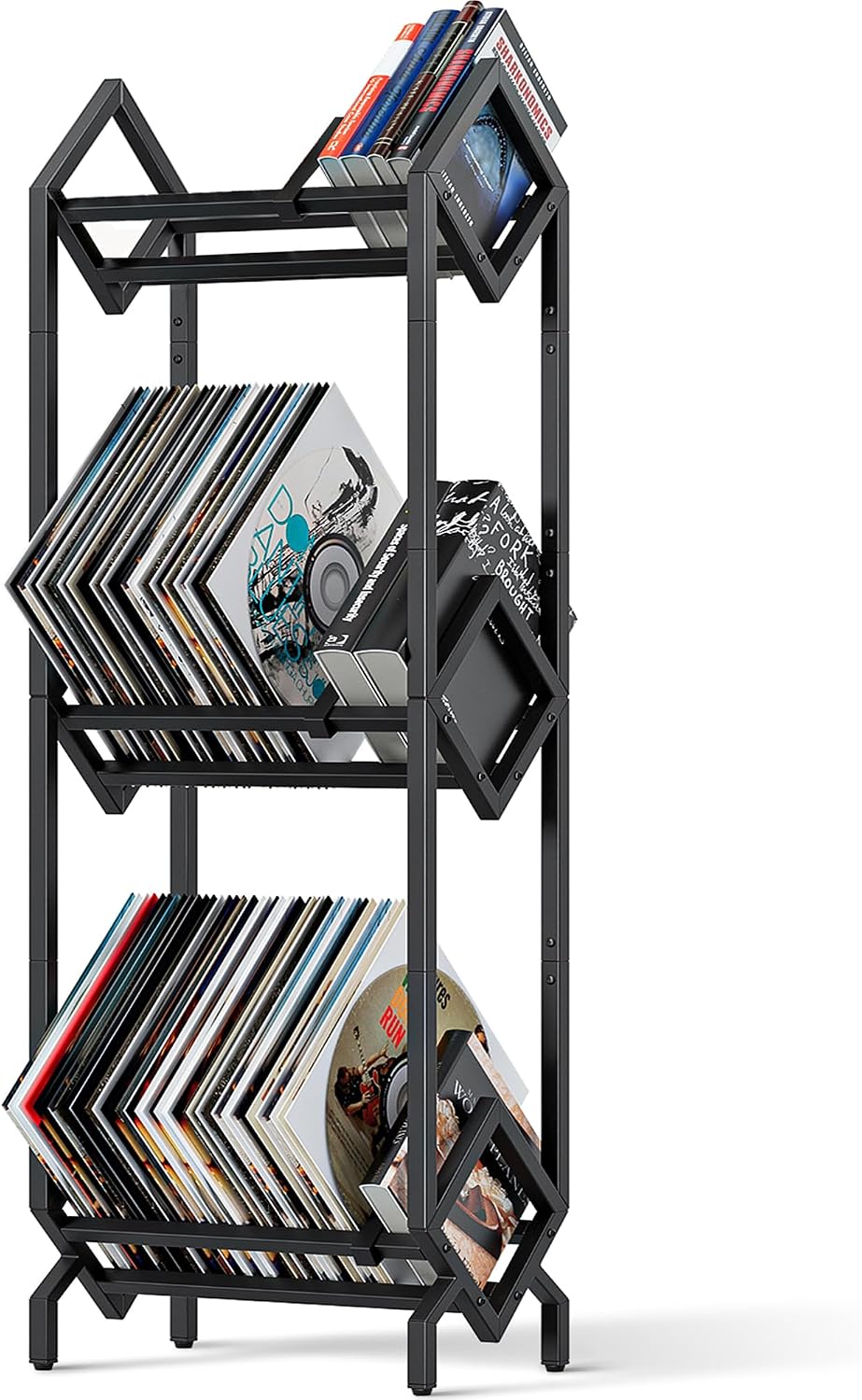 Vinyl Record Storage Rack, Record Holder 260-280 LP Storage Shelf Display Stand for Albums Books Magazines Files, Black Metal