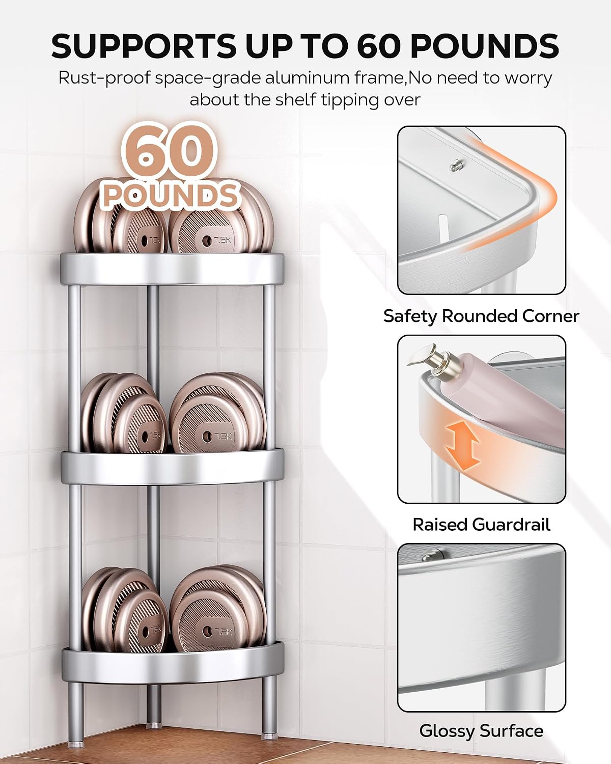Nieifi 3 Tier Aluminum Corner Shower Caddy Standing Rustproof-Silver
