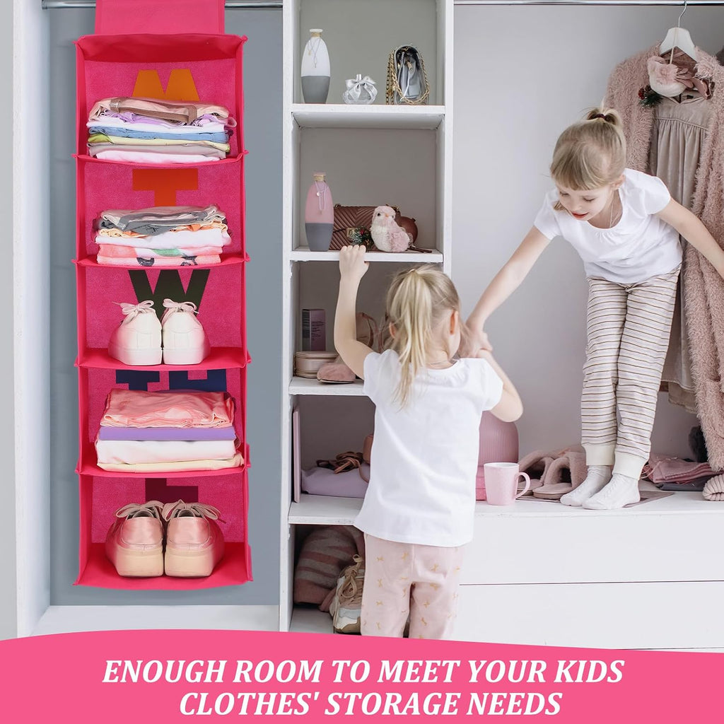 Hahafelt 2pcs 5 Shelf Weekly Clothes Organizer for Kids, Rose Red