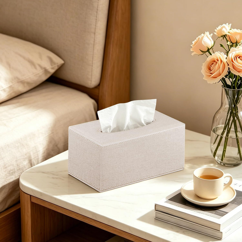 Linen Tissue Box Cover Rectangle,Leather Aesthetic Facial Tissue Box Holder