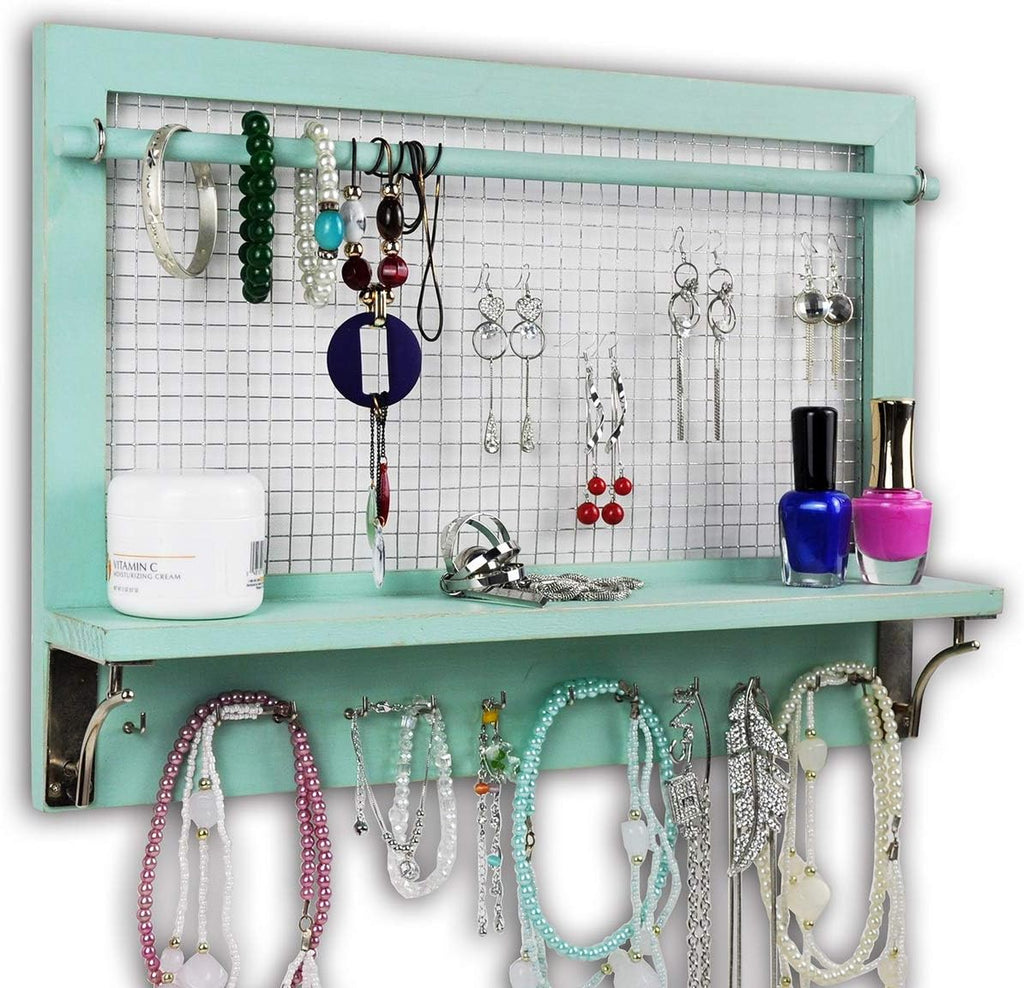 Jewelry Organizer, Wall Mount Jewelry Holder Rack with Hooks Shelf and Removable Rod Hanging Display Earrings Necklaces Bracelets Rings Storage Accessories Wood in Shabby Chic Turquoise