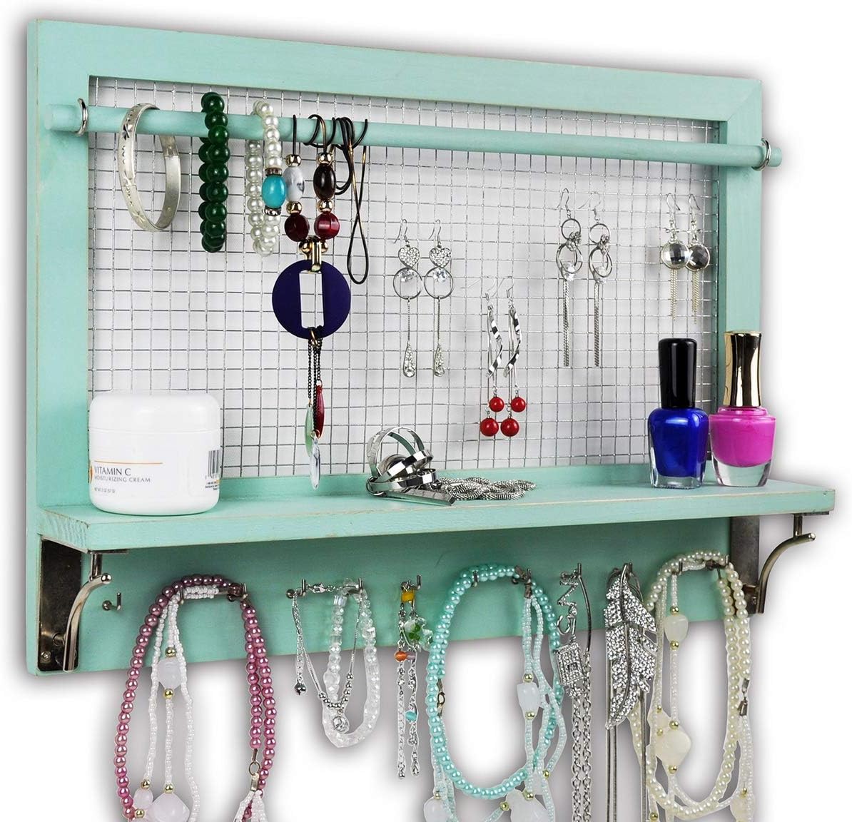Jewelry Organizer, Wall Mount Jewelry Holder Rack with Hooks Shelf and Removable Rod Hanging Display Earrings Necklaces Bracelets Rings Storage Accessories Wood in Shabby Chic Turquoise