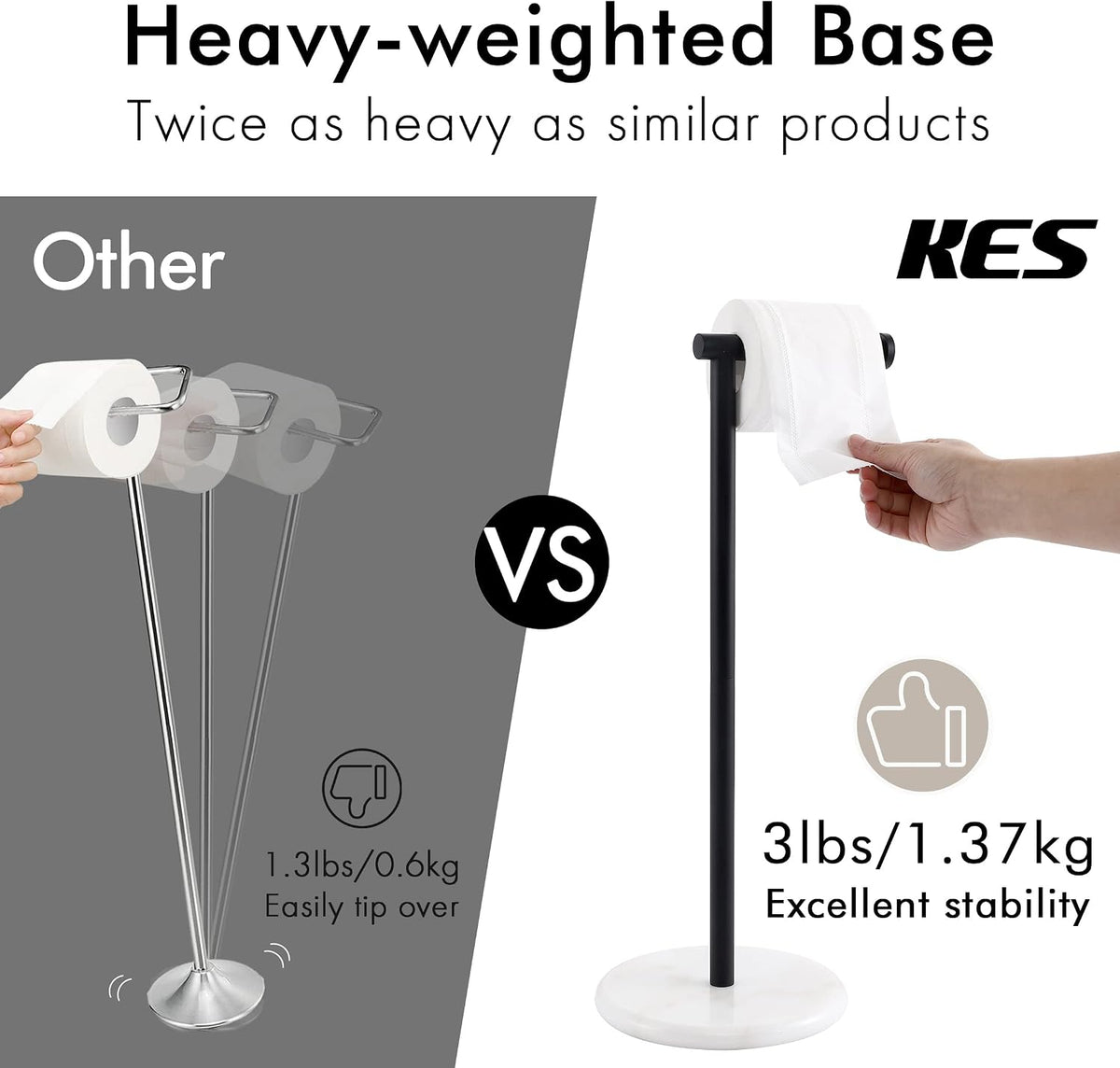 KES Black Toilet Paper Holder Stand Freestanding Toilet Paper Stand for Bathroom Tissue Roll Holder with Marble Base, 18/8 Stainless Steel Matte Black, BPH284S1-BK