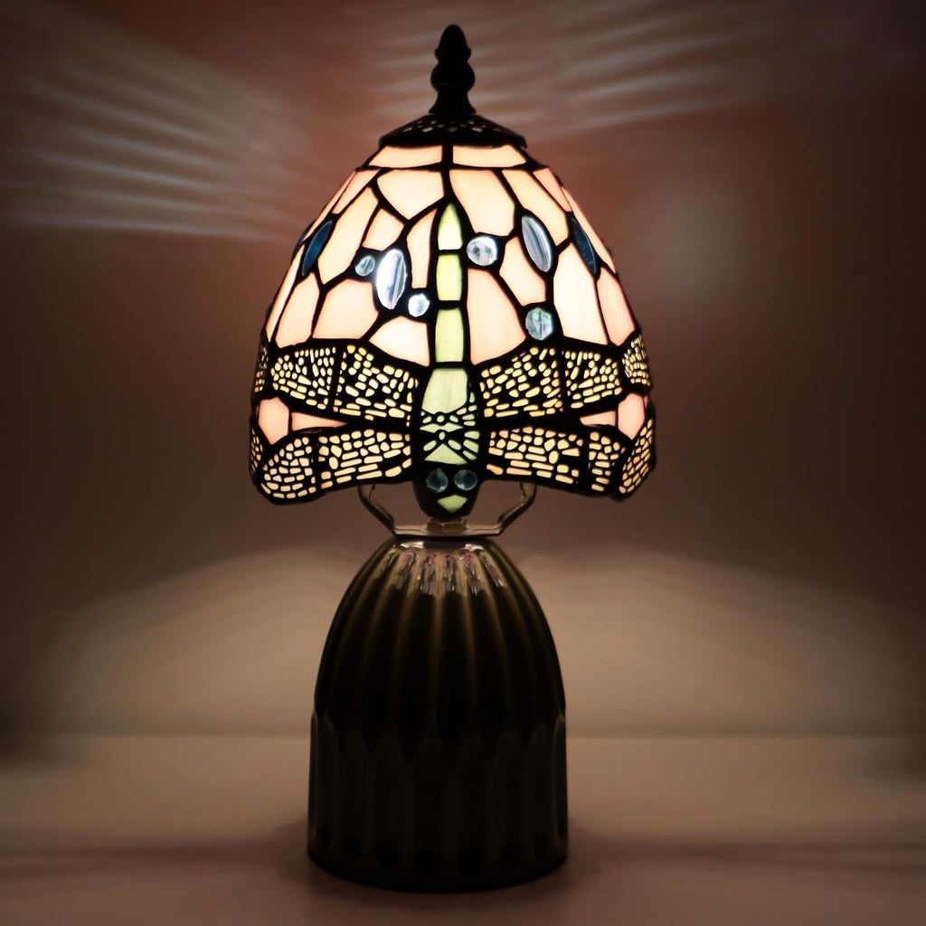 Tiffany Stained Glass Mushroom Table Lamp 12.5 Inch -Pink Dragonfly