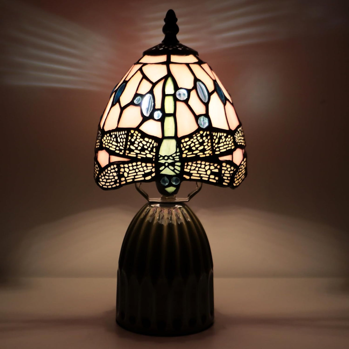 Tiffany Stained Glass Mushroom Table Lamp 12.5 Inch -Pink Dragonfly