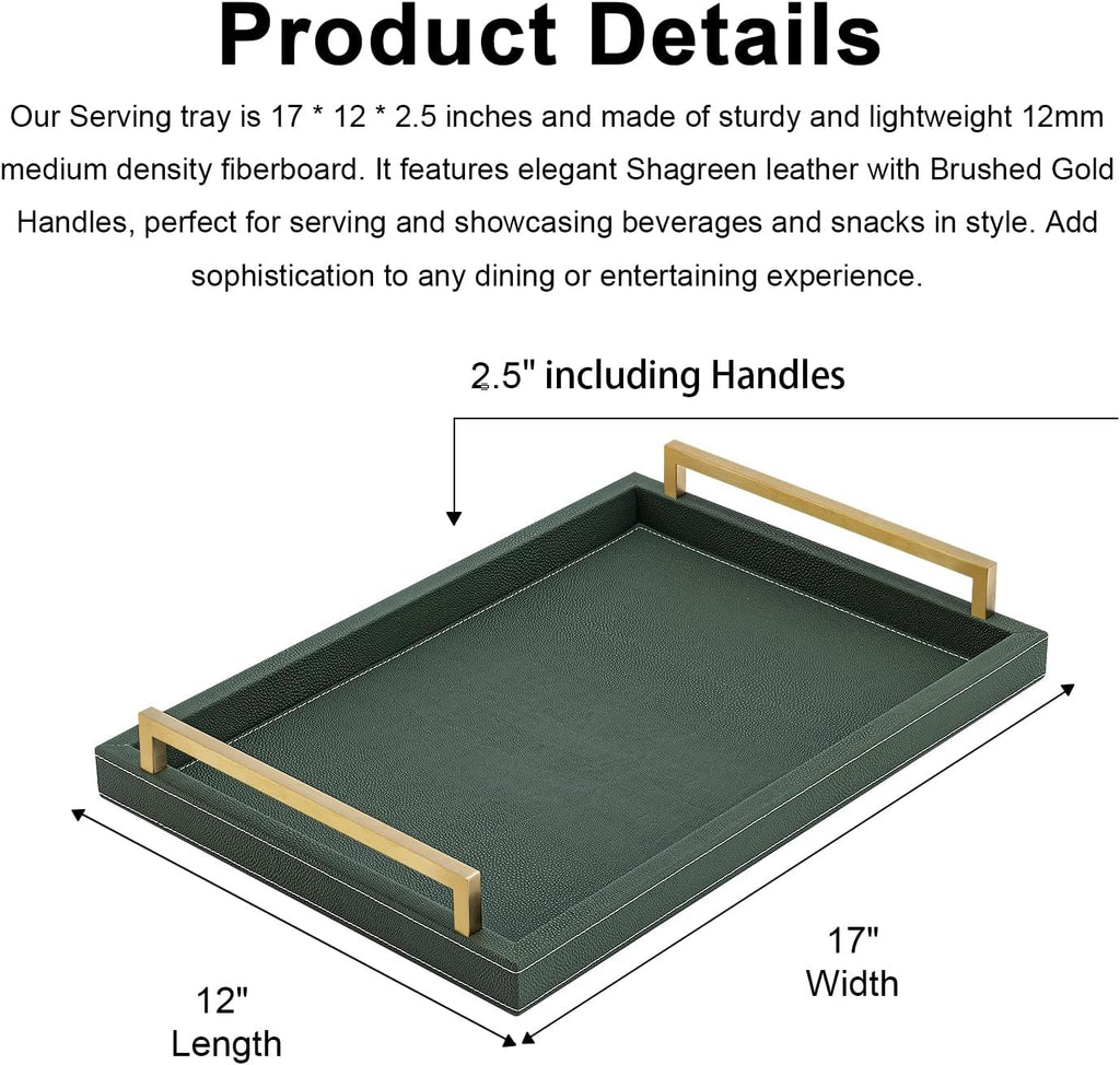 XIGEXIGE Green Decorative Serving Tray,Rectangular Tray for Coffee Table,Faux Leather Serving Tray with Handles for Ottoman,Shagreen Leather Tray for Bathroom