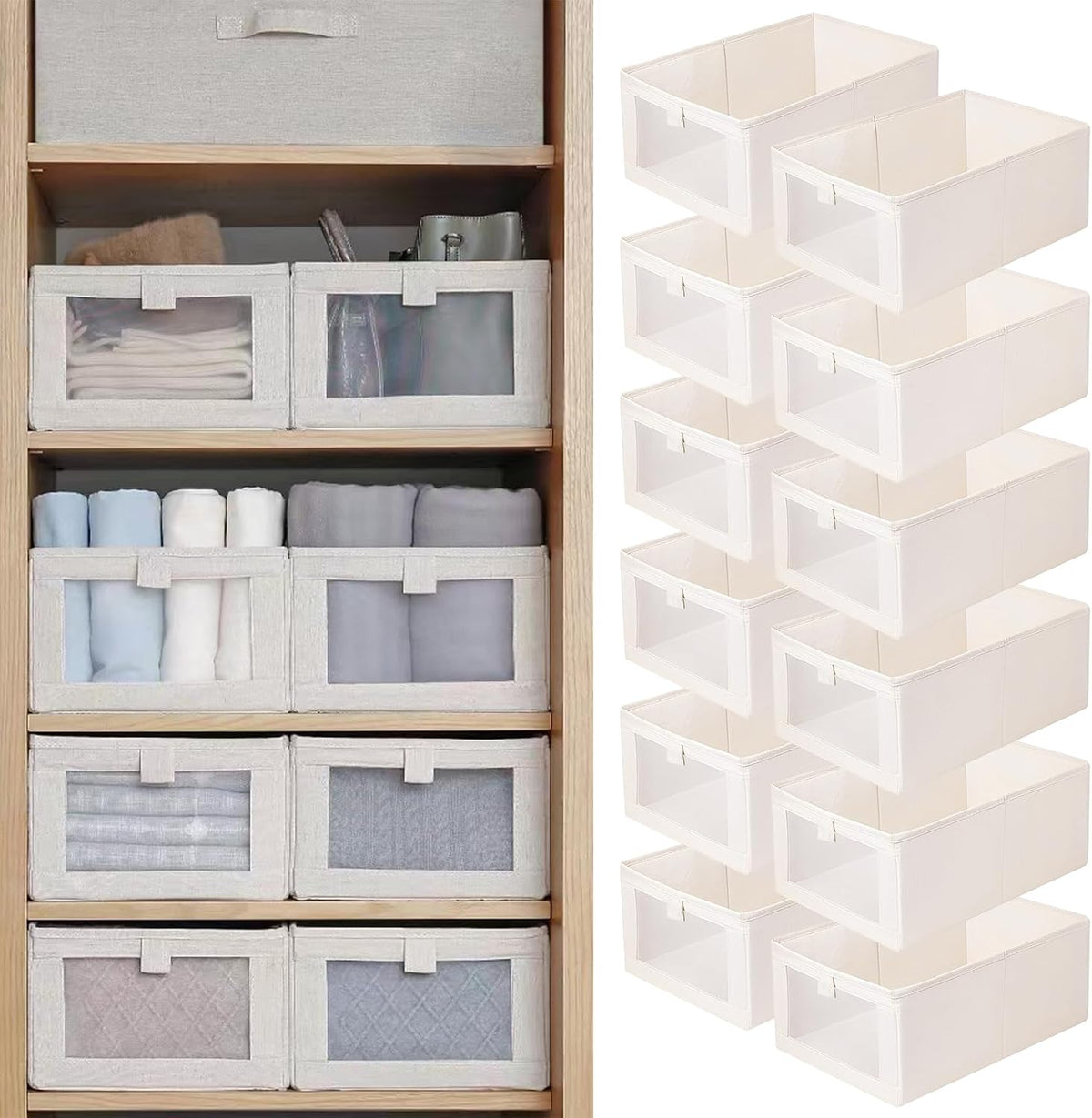 Linen Closet Organizers And Storage, 12 Pack Closet Storage Bins Linen Closet Baskets for Closet Organization Foldable Closet Organizer Bins with Clear Window For Organizing Clothing, Jeans, Shelves