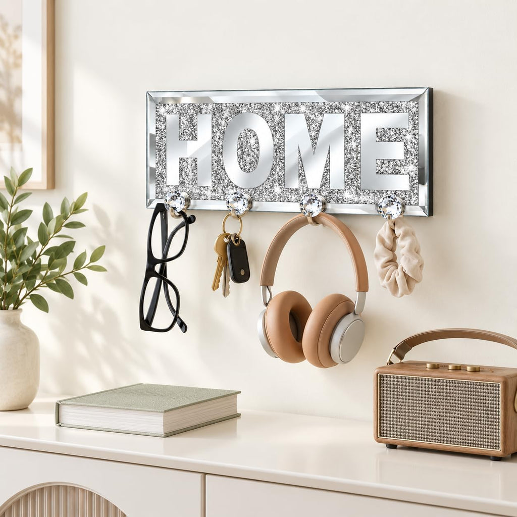 SHYFOY Mirrored Key Holder for Wall, Silver Home Sign with 4 Crystal Hooks