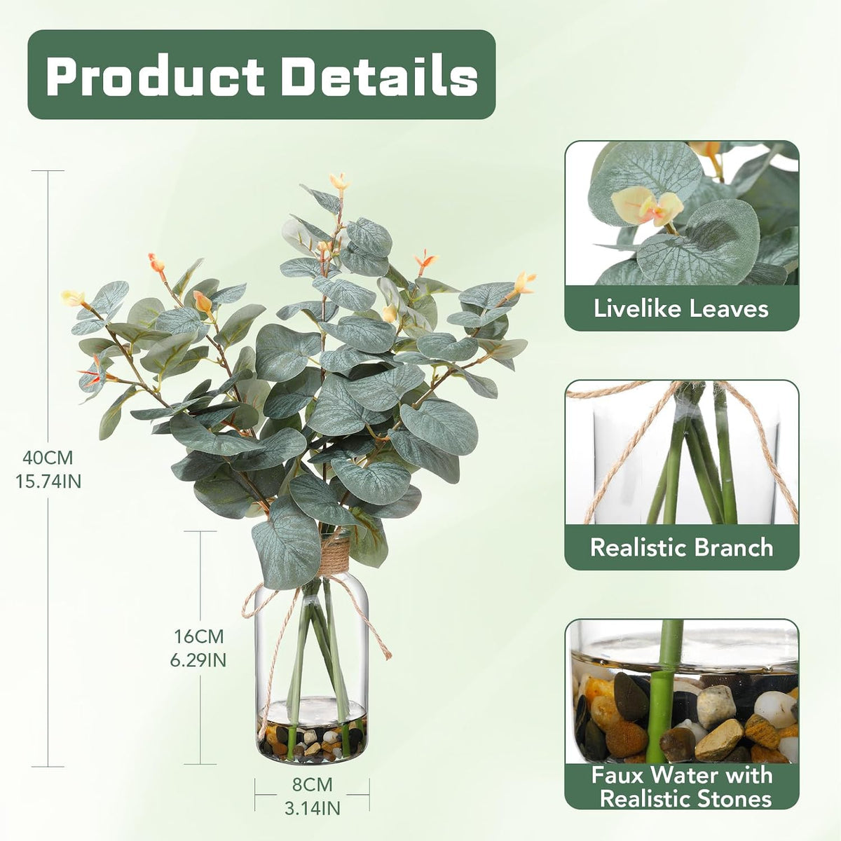 Artificial Eucalyptus Stems in Glass Vase, 15.74-in Greenery