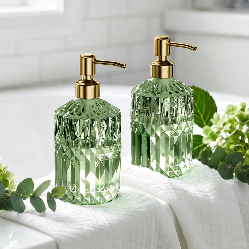 AmazerBath Soap Dispenser, 2 Pack Green Glass Soap Dispenser with Pump Stainless Steel, 14.2OZ Luxury Gold Hand Soap Bottles Bathroom Kitchen
