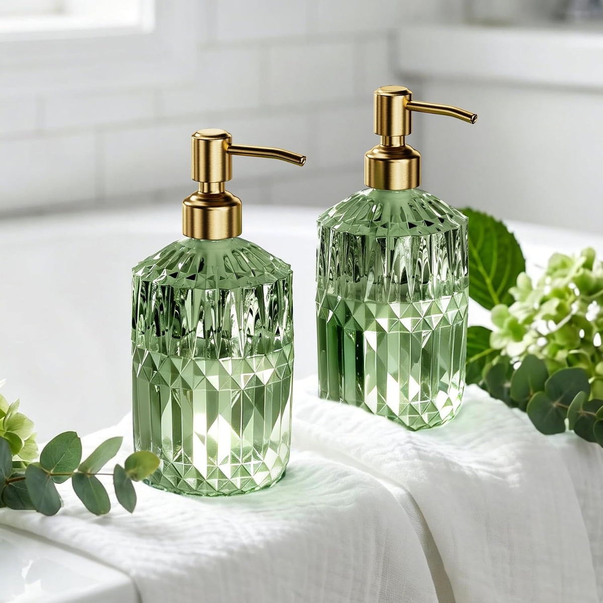 AmazerBath Soap Dispenser, 2 Pack Green Glass Soap Dispenser with Pump Stainless Steel, 14.2OZ Luxury Gold Hand Soap Bottles Bathroom Kitchen