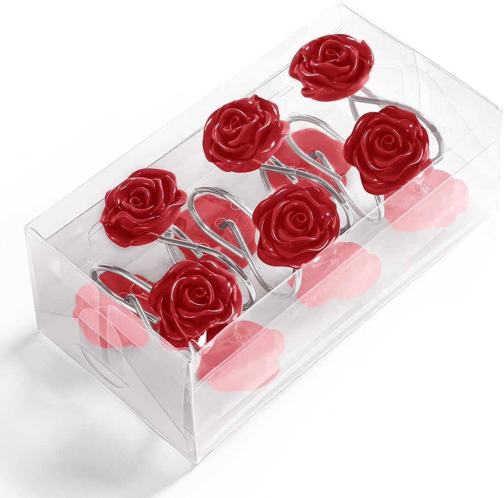 Cute Rose Floral Shower Curtain Hooks Rings for Bathroom,Red 12PCS