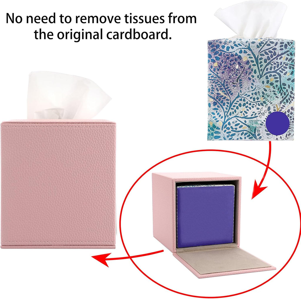 Sumnacon Tissue Box Cover Square,Magnetic Bottom PU Tissue Box Holder,Pink