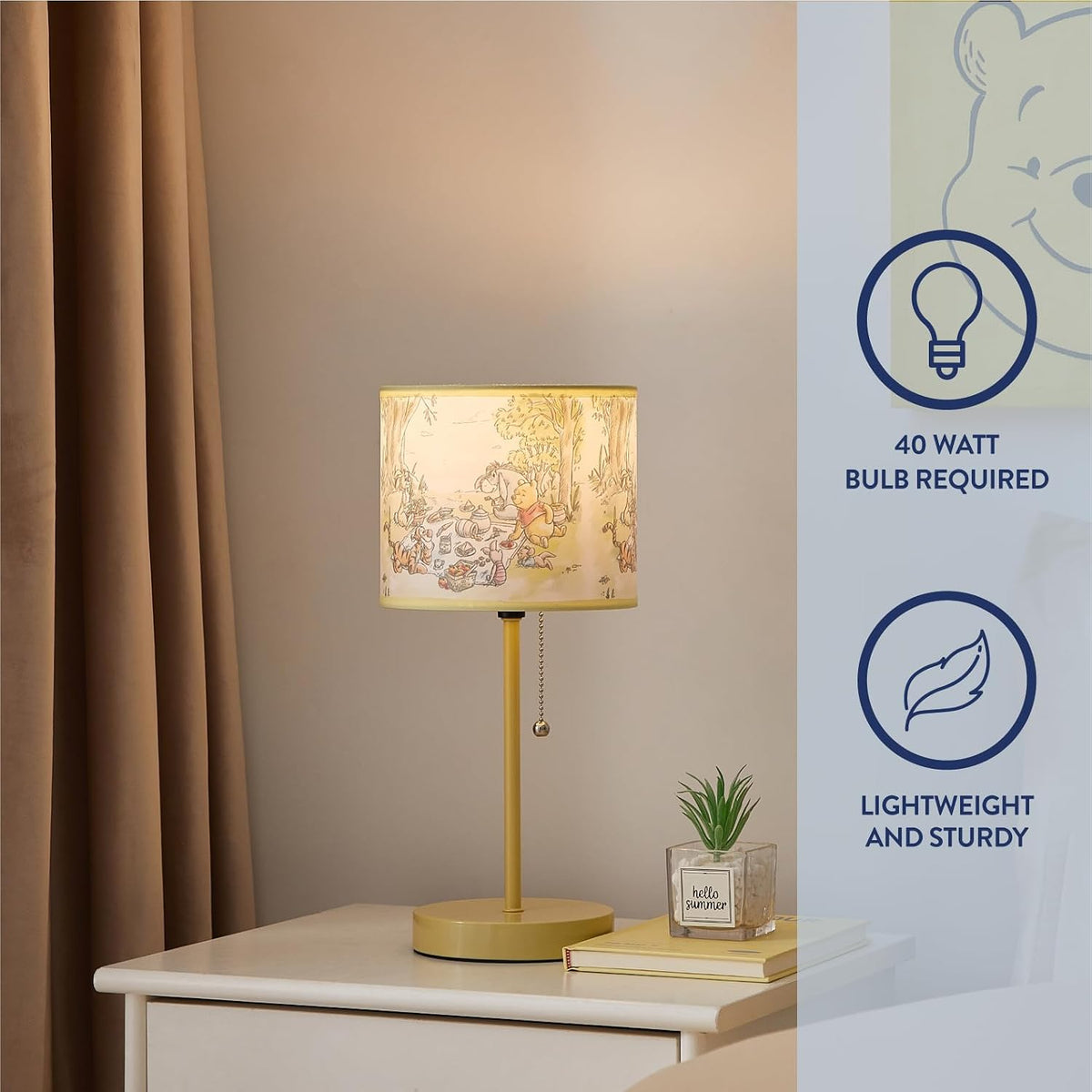Idea Nuova Table Lamp for Kids, Stick Lamp with Printed Shade & Pull Chain, Bedroom or Nursery Nightstand Lighting,Winnie The Pooh