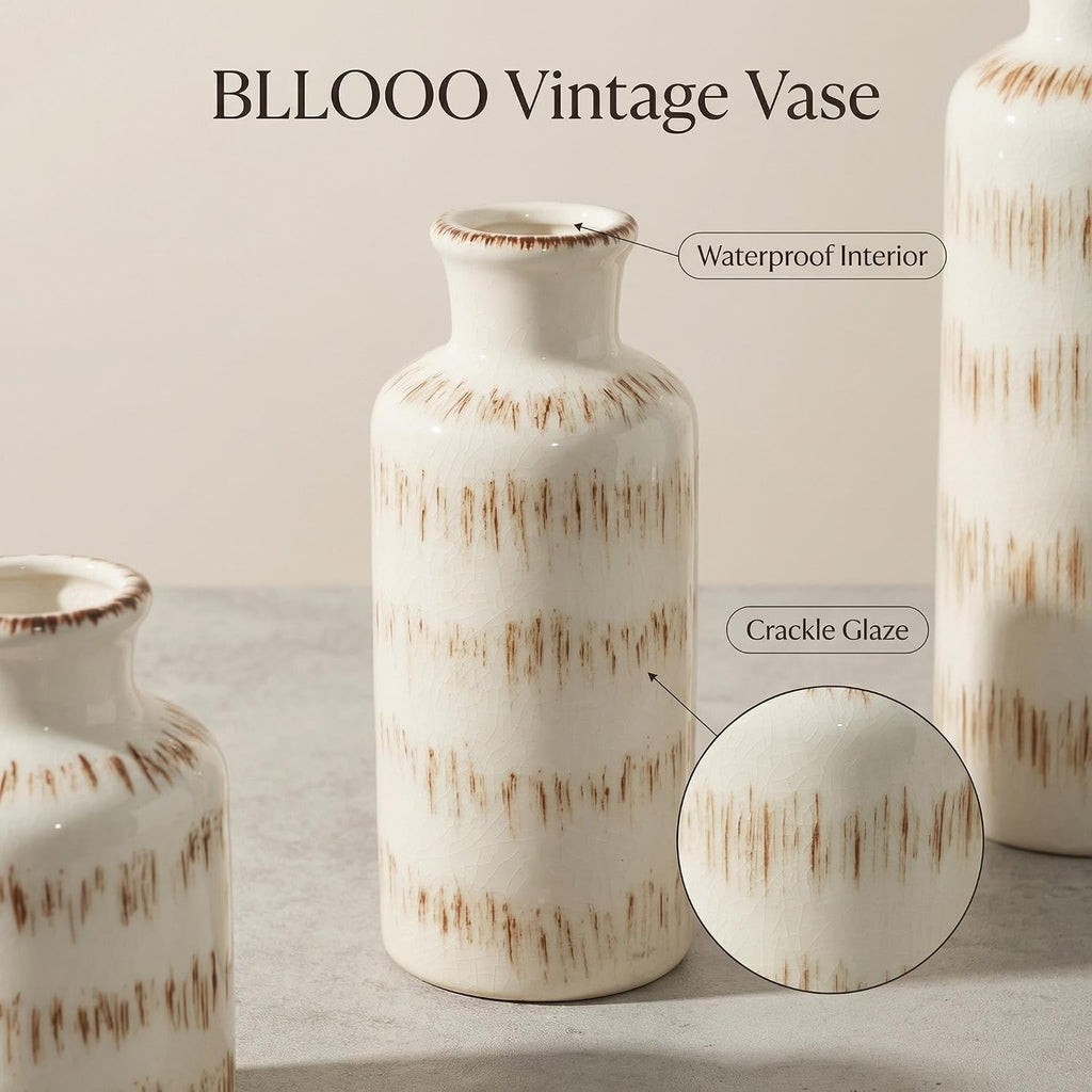 Vintage Ceramic Flower Vase Set of 3, Rustic Farmhouse Vase for Home Decor, Distressed Decorative Vase for Table Entryway Mantel Centerpiece Living Room Bathroom Bedroom (Ivory Vein)