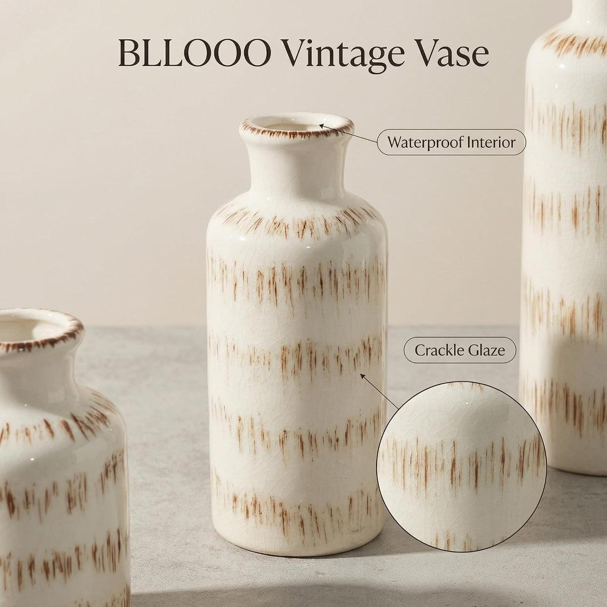 Vintage Ceramic Flower Vase Set of 3, Rustic Farmhouse Vase for Home Decor, Distressed Decorative Vase for Table Entryway Mantel Centerpiece Living Room Bathroom Bedroom (Ivory Vein)