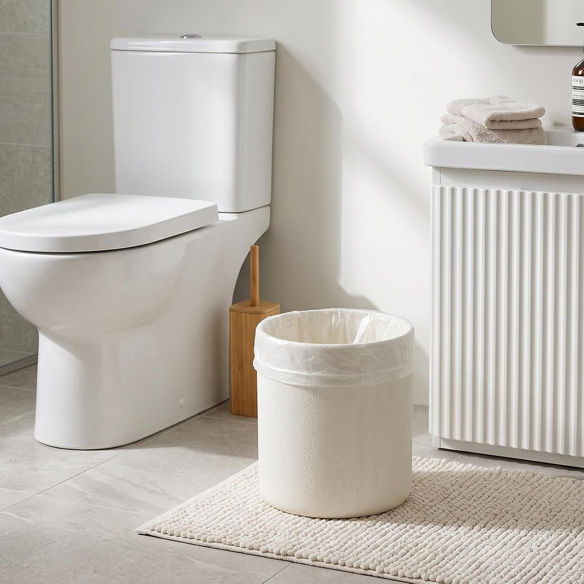 Bathroom Trash Can,1.6 Gallon,Travertine Stone Look,Off White