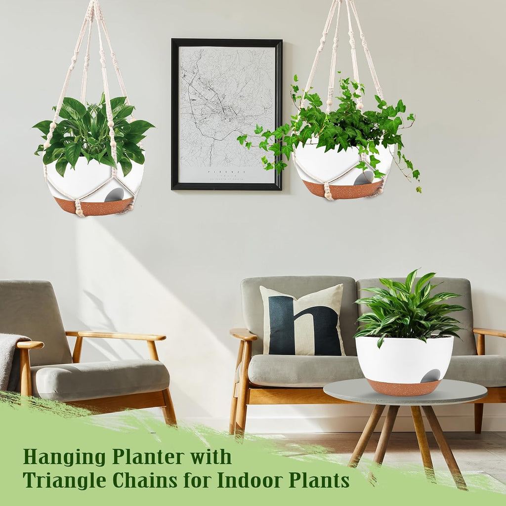 10 Inch Self Watering Hanging Planters with Metal Chain & Macrame Hangers
