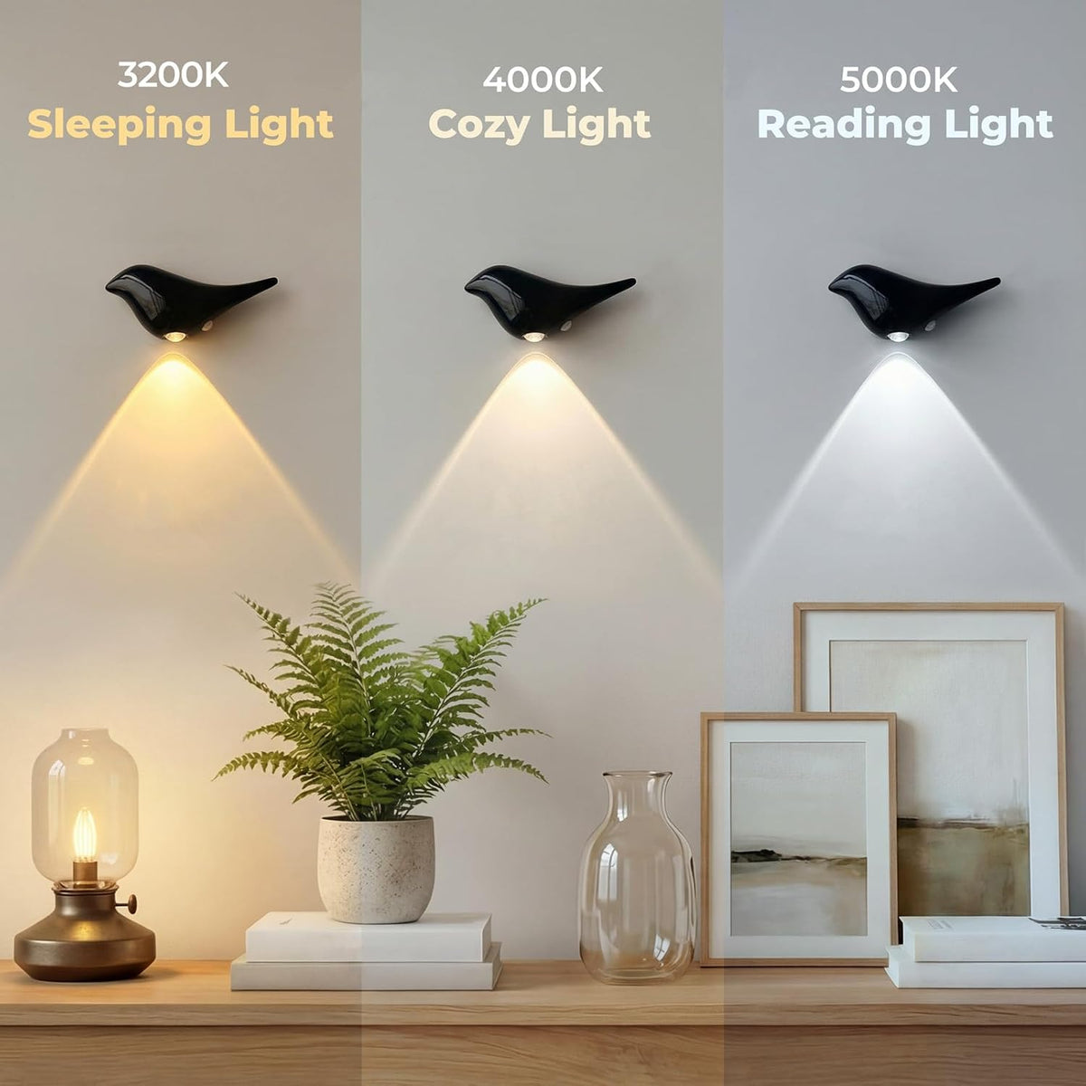2-Pack Indoor Motion Sensor Bird Wall Lights, Obsidian Black