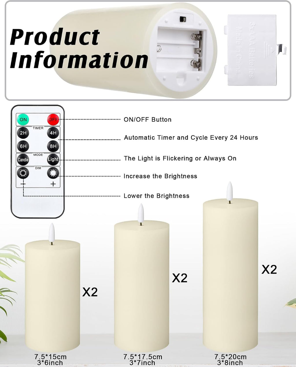 VIHOSE 6 Pack Lvory White Flameless Candles Set with Remote and Timer Flickering Flameless Battery Candles Flat Top LED Pillar for Wedding Outdoor Home Festival Decoration(D 3'' H 6'' 7'' 8'')
